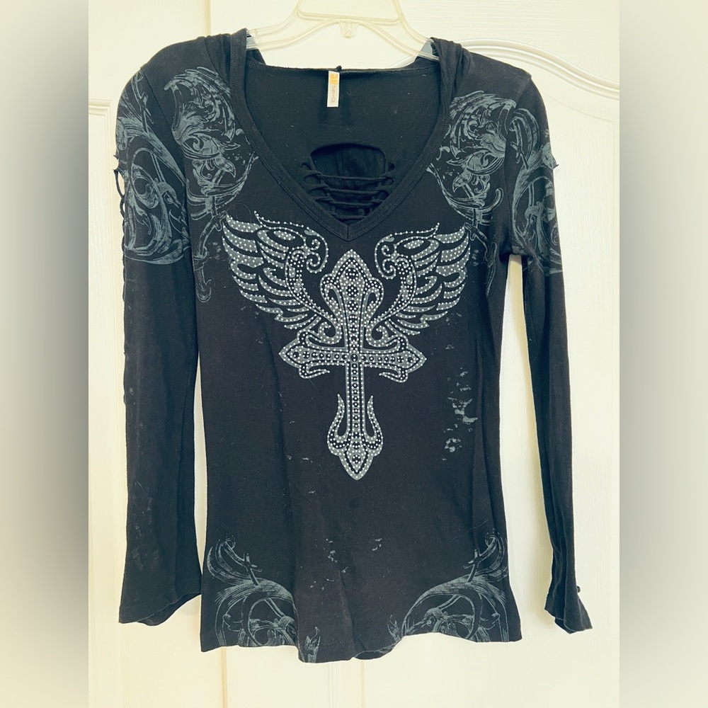 Ocasion Black Studded Wing & Cross Lace-Up Long Sleeve Top